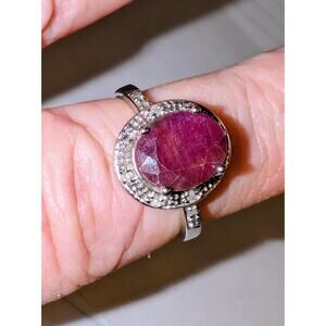 925 Sterling Silver Ruby & Diamond Ring Size 7.25